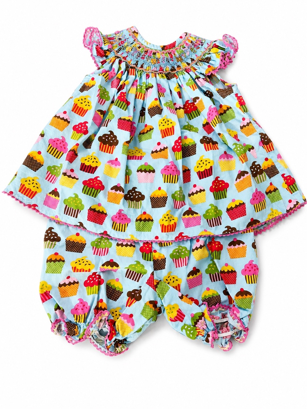 Vive la Fete  Light Blue Cupcake Print Smocked Dress & Bloomers Set